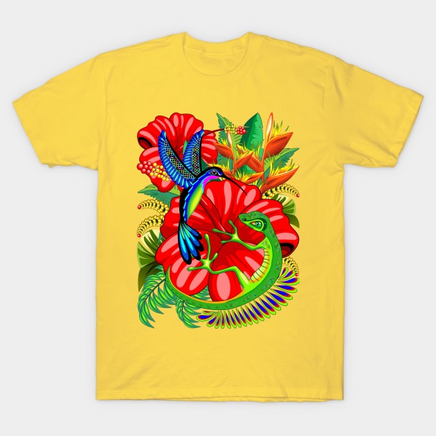 The Lizard, The Hummingbird and The Hibiscus T-Shirt by BluedarkArt